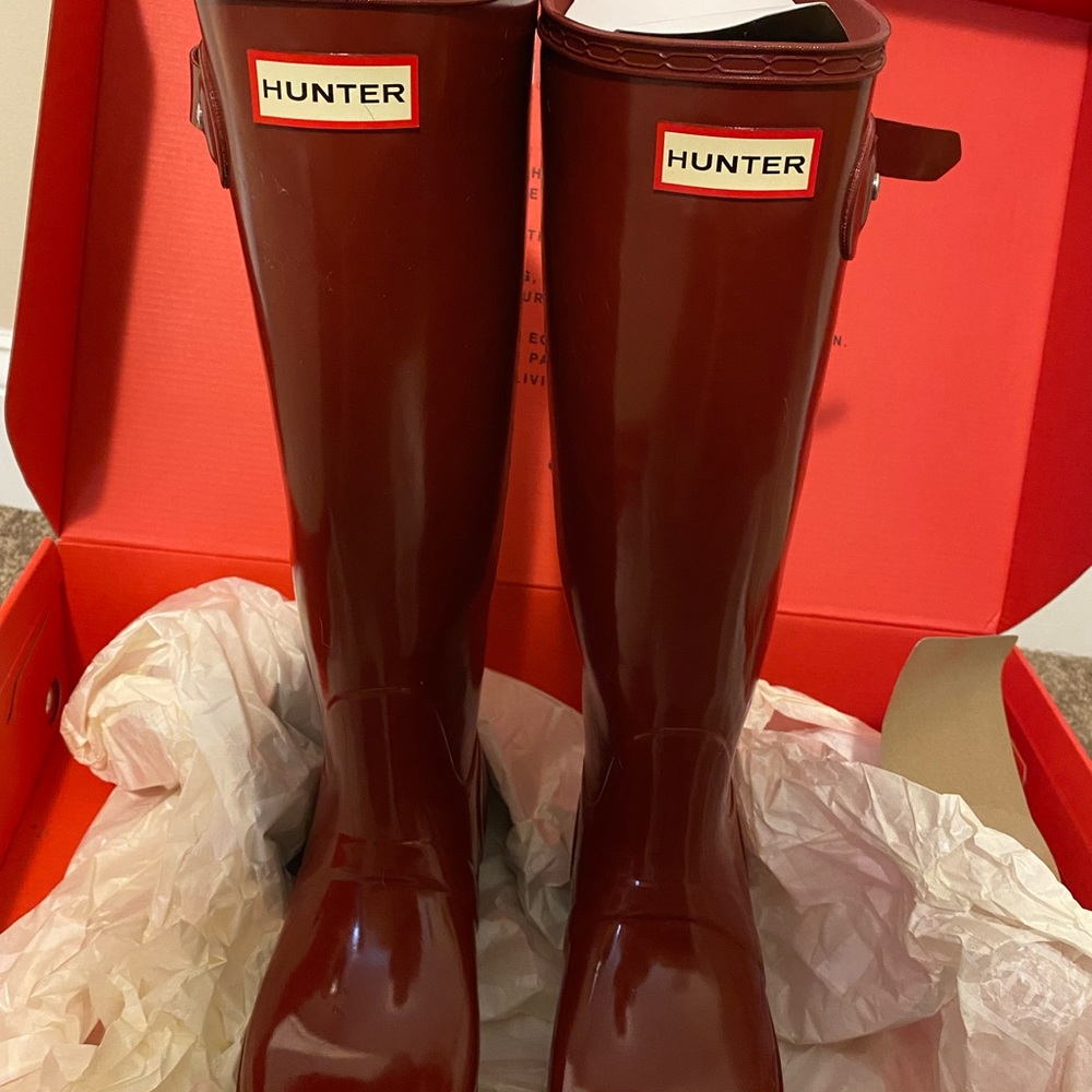 Tall red glossy Hunter Boots